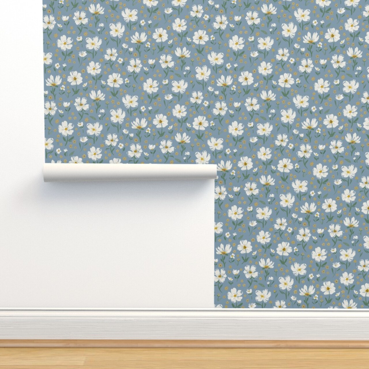 Blue Botanical Hand Painted White Flower Summer Floral Gold Flowers Spring Boho Light Gray Florals Whimsical Medium Scale Custom Removable Wallpaper by Spoonflower Peel & Stick Wallpaper 2FT Wide